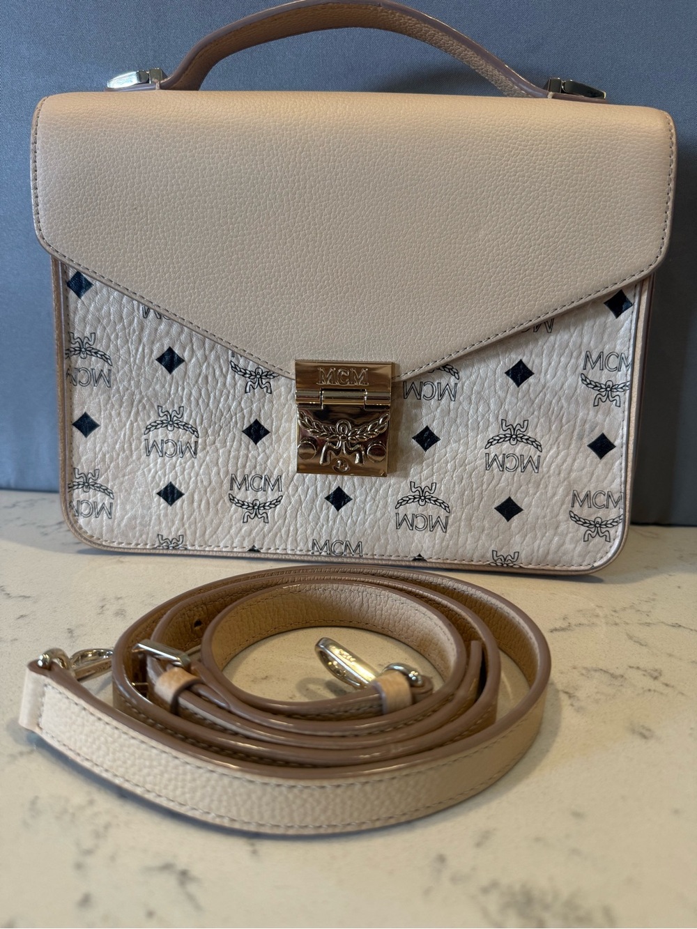 MCM Cream Beige Visetos Logo Top-Handle Crossbody Bag
